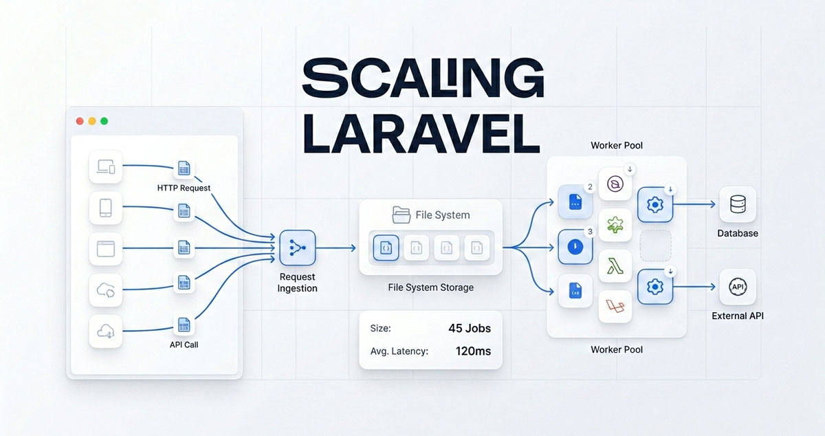 Laravel API scaling architecture — before and after async processing with Laravel Spool